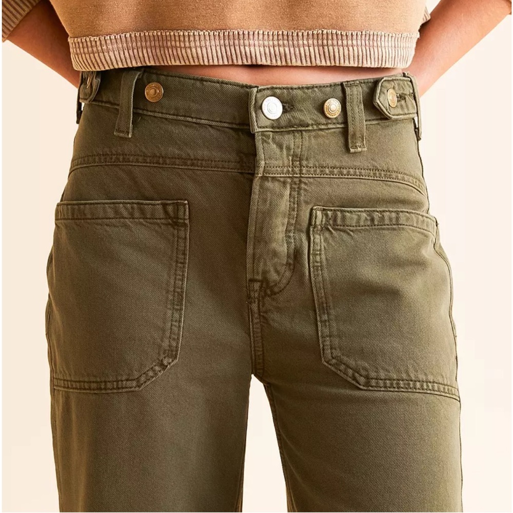 Free People Palmer Wide Leg Cuffed Jean Green Button Fly Cotton Womens Sz 28 - Picture 3 of 4
